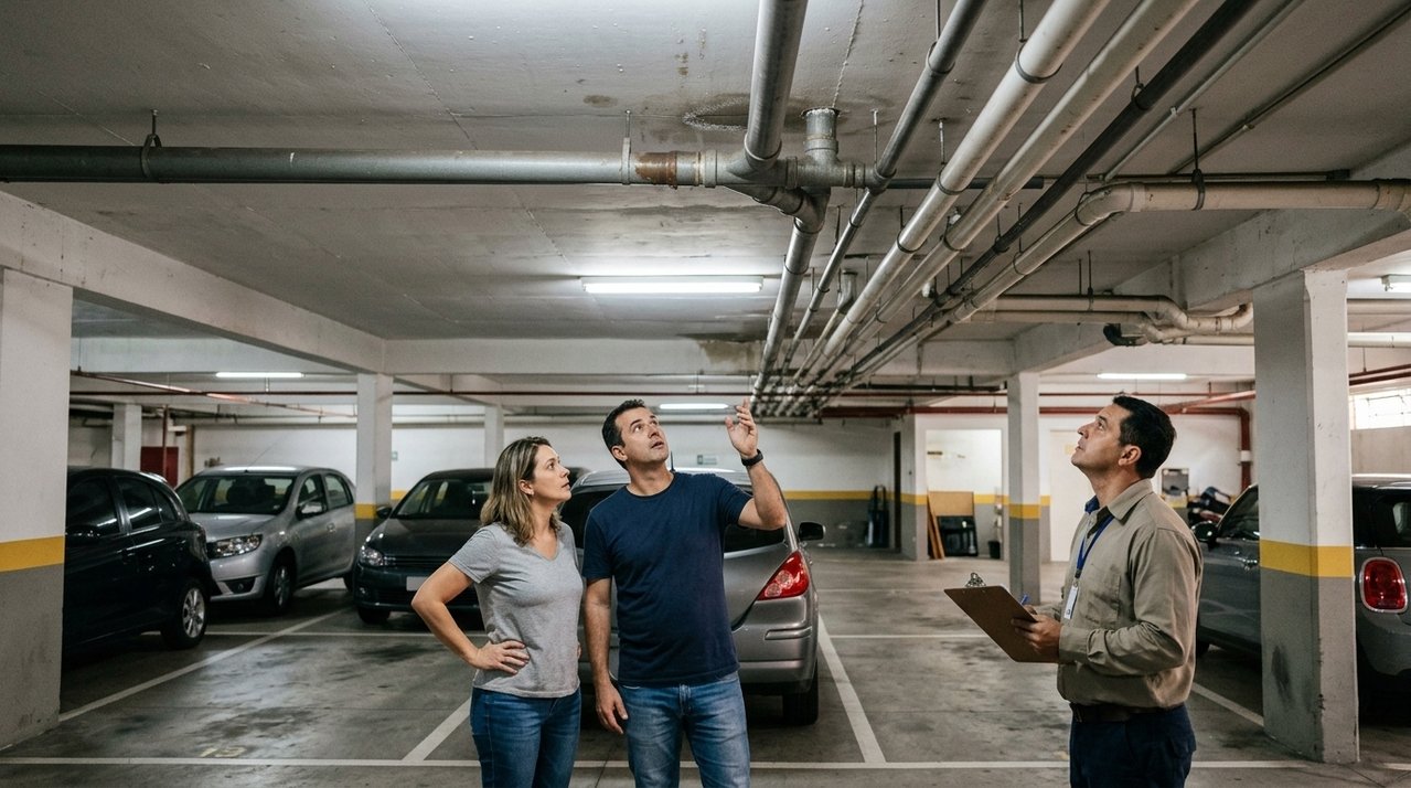 Família compra apartamento com vaga coberta e descobre depois da mudança que canos instalados sobre o espaço começam a pingar água e danificar a pintura do carro