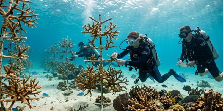 A técnica foi aperfeiçoada até chegar ao chamado Coral Tree, desenvolvido pela Coral Restoration Foundation em 2011. // Imagem ilustratica