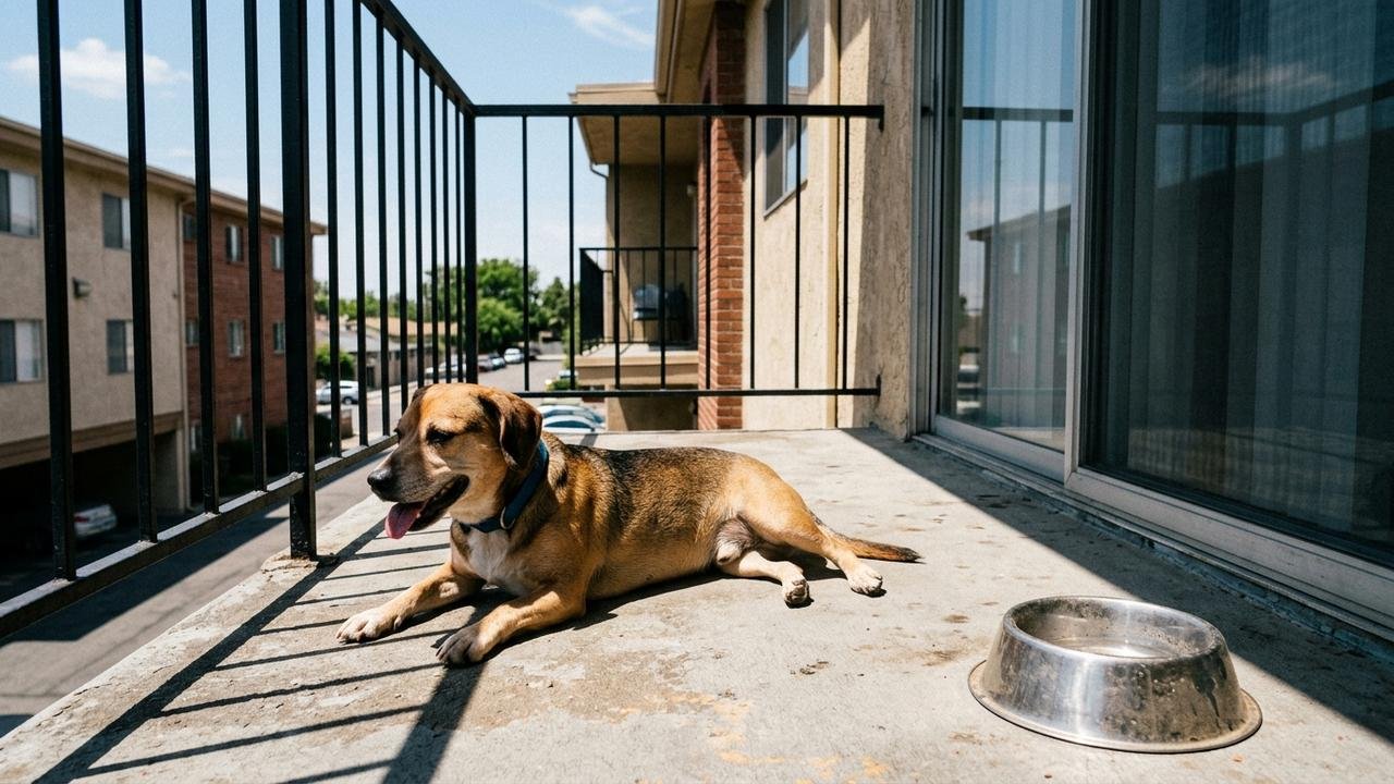 Tutor deixa cachorro sozinho na varanda durante todo o expediente e recebe denúncia depois de vizinhos registrarem exposição prolongada ao sol e ausência de água