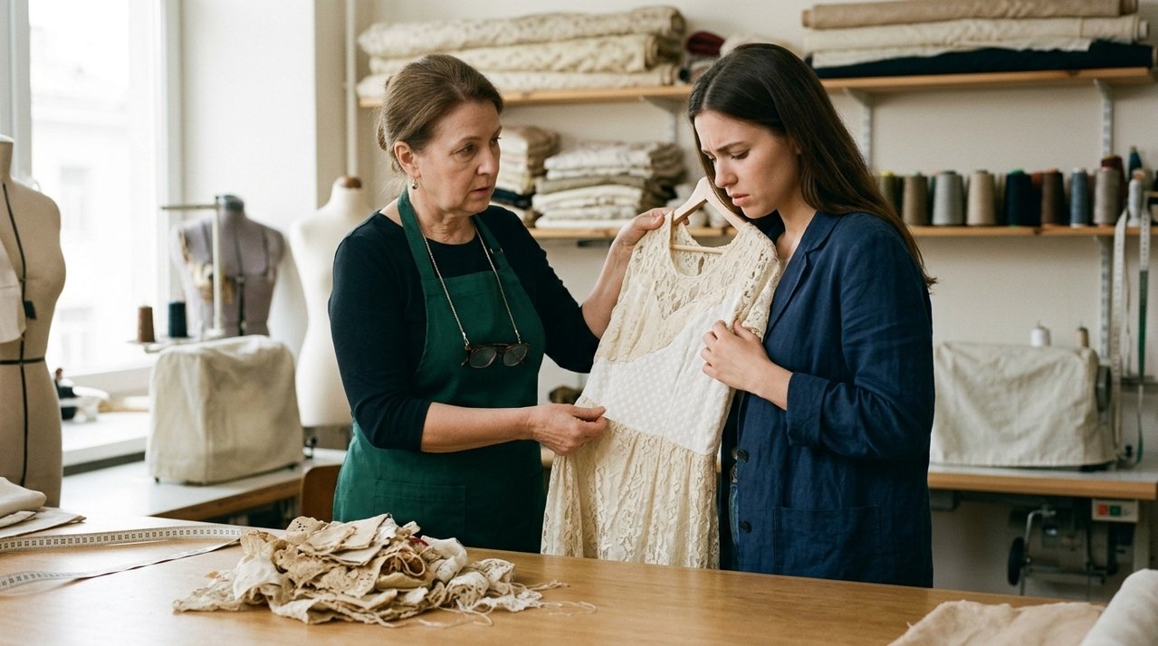 Cliente entrega vestido antigo de família para restauração antes de casamento e recebe a peça com partes do tecido original substituídas sem autorização