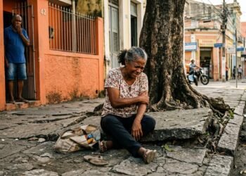 Família planta árvore na calçada e raízes levantam piso até formar desnível; idosa tropeça e sofre fratura