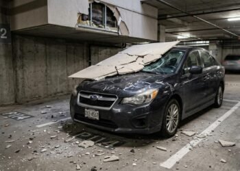 Condômino estaciona carro de R$ 160 mil na garagem e encontra teto e capô danificados após pedaço de revestimento desprender da estrutura do prédio durante a madrugada; reparo supera R$ 17 mil e começa discussão sobre quem deve pagar