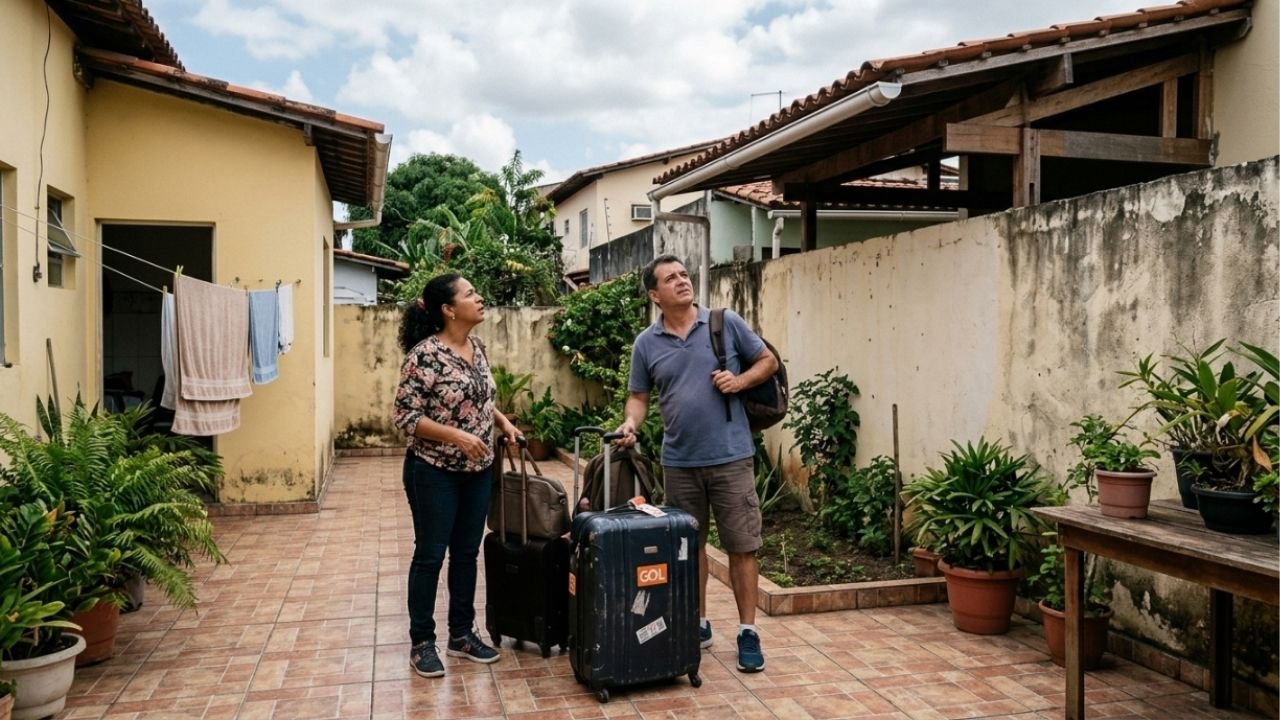 Família viaja por duas semanas e, ao voltar, descobre que o telhado reformado pelo vizinho avançou sobre o próprio terreno e exige a demolição do trecho