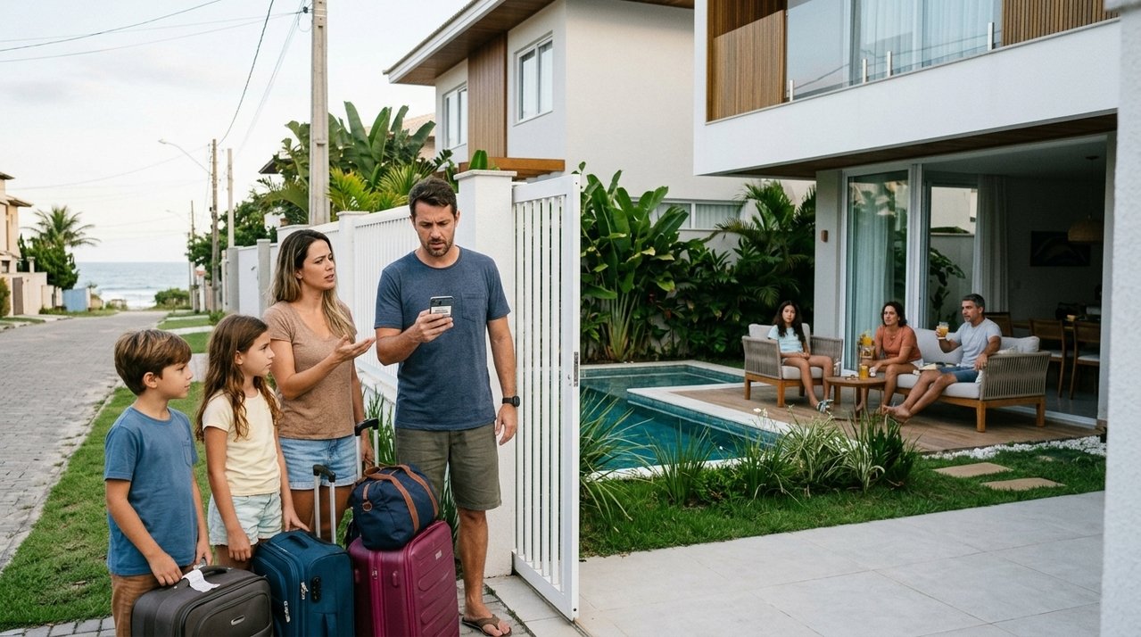 Família paga R$ 7 mil por casa de praia com piscina para o Réveillon e, ao chegar, descobre imóvel ocupado por outros hóspedes após anúncio duplicado na plataforma