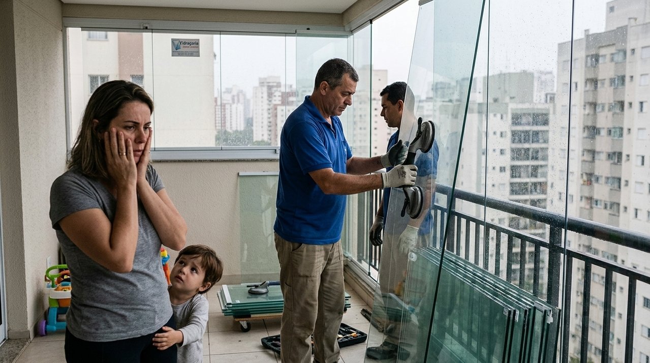 Família fecha varanda com vidro para proteger criança da chuva e do vento, investe mais de R$ 18 mil na obra e condomínio manda desmontar estrutura porque modelo não segue o padrão aprovado em assembleia