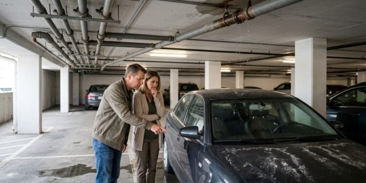 Família compra apartamento com vaga coberta e descobre depois da mudança que canos instalados sobre o espaço começam a pingar água e danificar a pintura do carro