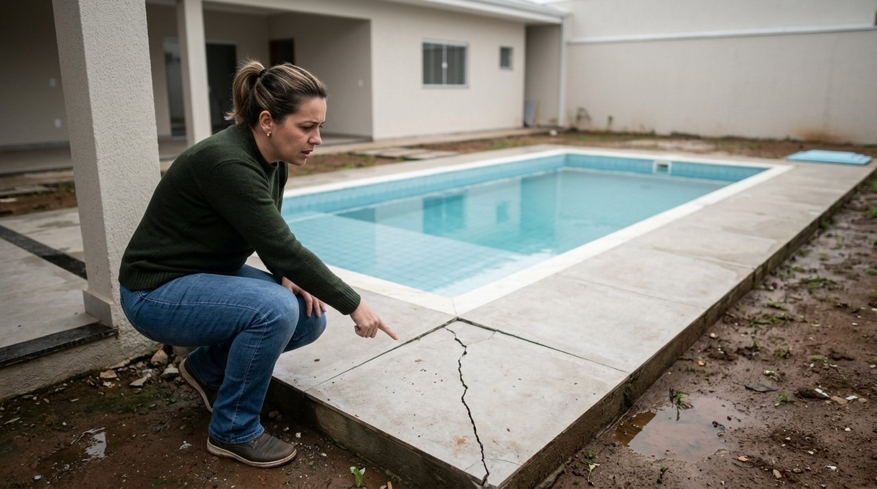 Família contrata empresa para construir piscina por R$ 90 mil, obra é concluída e, após as primeiras chuvas fortes, o terreno cede e surgem rachaduras próximas à casa