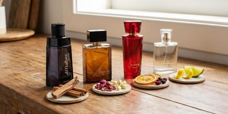 O efeito pode surgir da combinação de madeiras, especiarias, flores, resinas, âmbar ou notas cremosas que permanecem perceptíveis durante a evolução do perfume na pele.