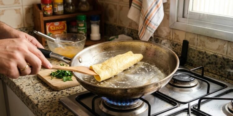 Quando a omelete começa a grudar, é comum imaginar que falta óleo ou manteiga e acrescentar mais gordura.
