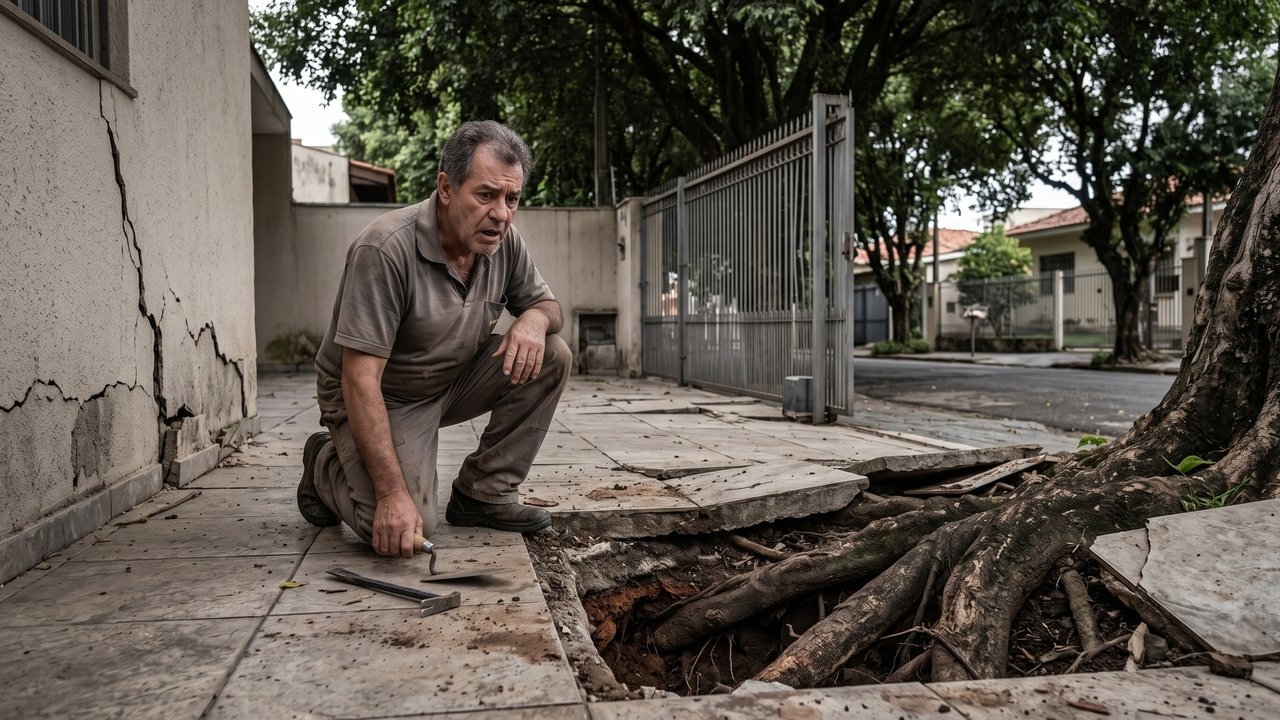 Vizinho planta árvore junto ao muro e, anos depois, raízes levantam o piso da garagem ao lado e provocam rachaduras na estrutura.