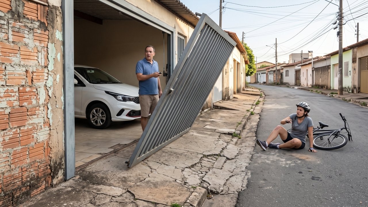 Morador instala portão basculante que avança 80 centímetros sobre a calçada durante a abertura e quase atinge uma ciclista; prefeitura determina adaptação do equipamento e aplica multa por risco à circulação de pedestres