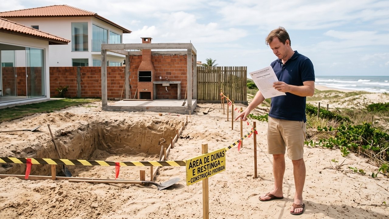 Após comprar casa de praia por R$ 620 mil, família inicia construção de piscina e descobre que parte do quintal está dentro de uma faixa onde novas edificações não são permitidas, mesmo estando dentro dos limites da propriedade