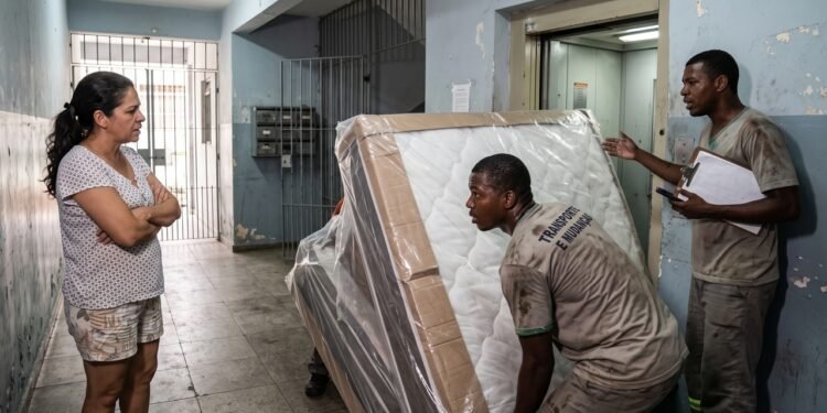 Cliente compra cama king size por R$ 6.300 após vendedor garantir que o produto caberia no elevador, mas transportadores não conseguem subir o móvel; loja cobra novo frete e taxa para realizar a troca