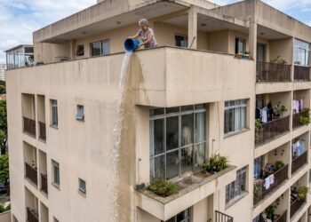 Morador de cobertura tem o hábito de lavar a varanda jogando baldes de água, o líquido escorre constantemente pela lateral do edifício manchando a pintura e caindo na janela de baixo, gerando processo que o obriga a envidraçar o espaço e custear o reparo da fachada.