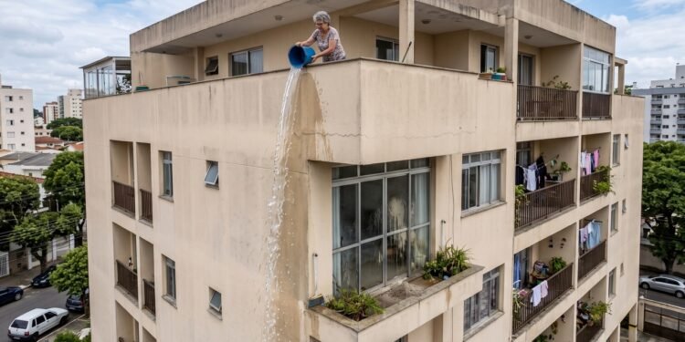 Morador de cobertura tem o hábito de lavar a varanda jogando baldes de água, o líquido escorre constantemente pela lateral do edifício manchando a pintura e caindo na janela de baixo, gerando processo que o obriga a envidraçar o espaço e custear o reparo da fachada.