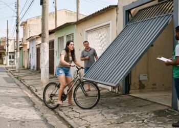 Morador instala portão basculante que avança 80 centímetros sobre a calçada durante a abertura e quase atinge uma ciclista; prefeitura determina adaptação do equipamento e aplica multa por risco à circulação de pedestres