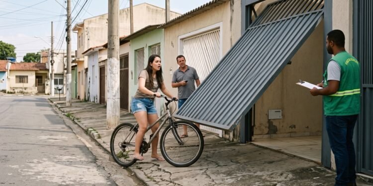 Morador instala portão basculante que avança 80 centímetros sobre a calçada durante a abertura e quase atinge uma ciclista; prefeitura determina adaptação do equipamento e aplica multa por risco à circulação de pedestres
