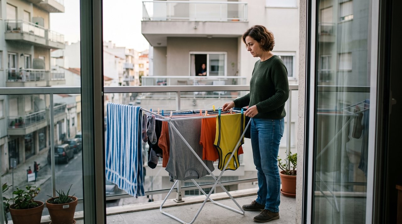 Mulher passa a secar roupas na varanda depois que a máquina quebra e recebe advertência porque a convenção do condomínio proíbe peças visíveis na fachada do edifício
