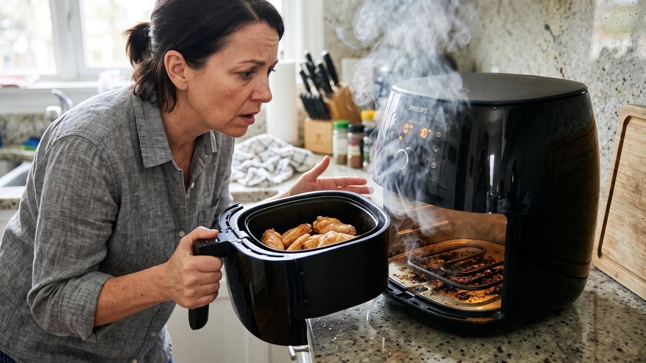 Minha air fryer começou a soltar fumaça mesmo sem nenhum alimento queimado: o problema podia estar escondido abaixo do cesto