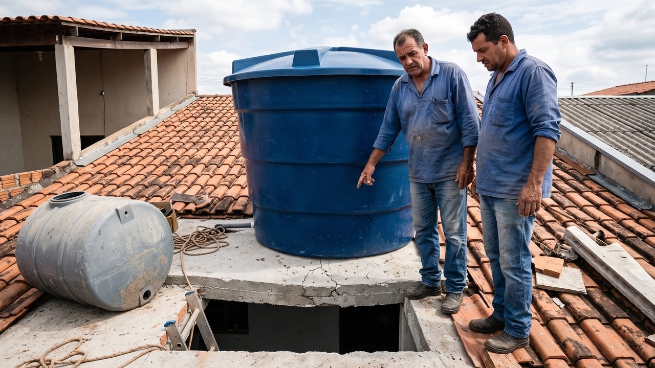 Depois de instalar uma caixa-d’água maior sobre a laje, proprietário percebe novas fissuras no teto e engenheiro aponta que a estrutura original não foi dimensionada para suportar o peso extra