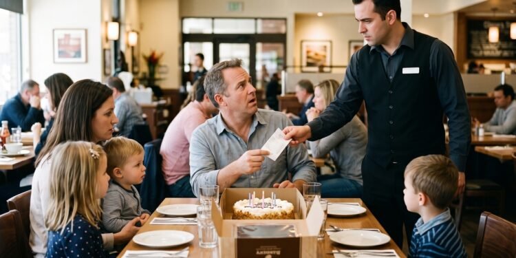 Cliente leva um bolo de aniversário comprado fora para comemorar com a família em um restaurante, mas, na hora de cantar os parabéns, o gerente exige o pagamento de uma "taxa de corte" de R$ 80; o Procon é acionado e multa o estabelecimento por prática abusiva, já que a taxa não tem respaldo legal na prestação do serviço principal.