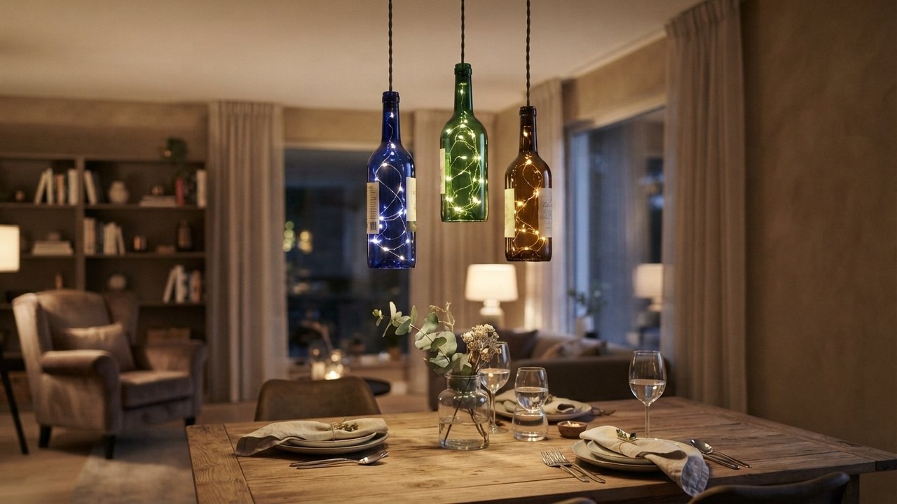 luminárias pendentes com garrafas de vidro