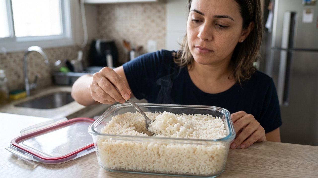 O arroz que eu guardava na geladeira ficava seco nas bordas e úmido no meio: o recipiente fazia mais diferença do que eu imaginava
