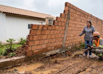 Depois de uma chuva intensa, muro recém-construído inclina para o terreno vizinho e orçamento de reconstrução ultrapassa R$ 45 mil