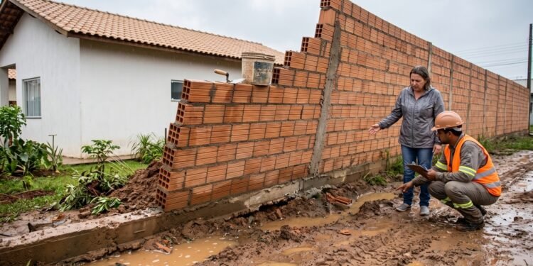 Depois de uma chuva intensa, muro recém-construído inclina para o terreno vizinho e orçamento de reconstrução ultrapassa R$ 45 mil