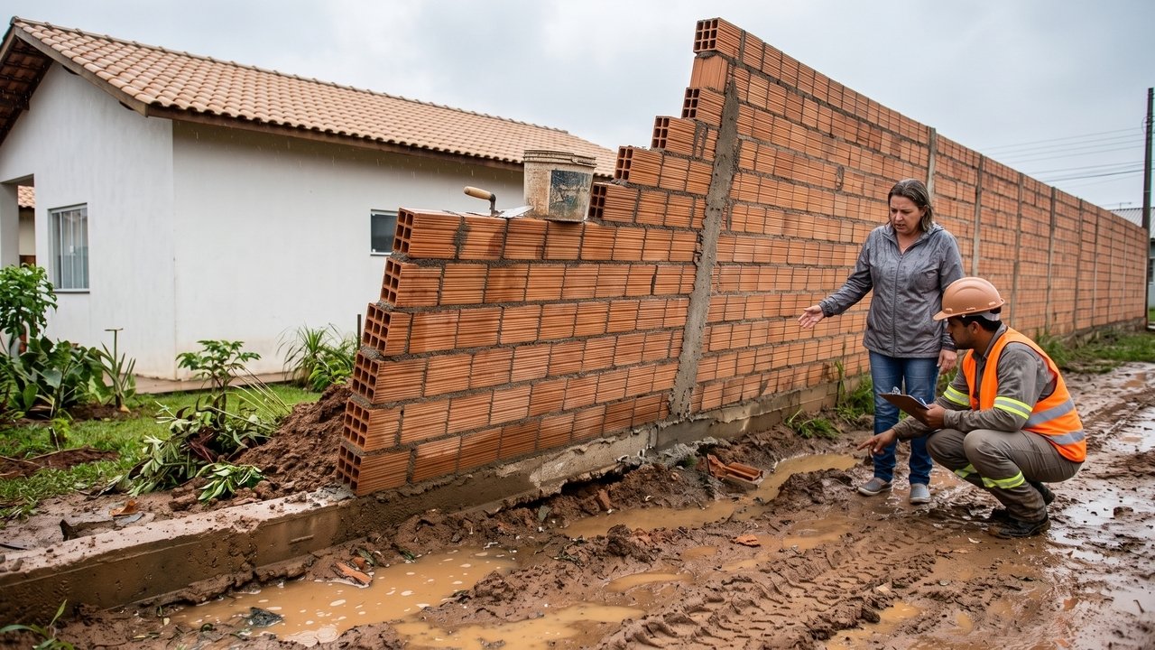 Depois de uma chuva intensa, muro recém-construído inclina para o terreno vizinho e orçamento de reconstrução ultrapassa R$ 45 mil