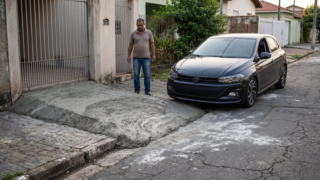 Morador constrói uma rampa para facilitar a entrada do carro na garagem e acaba elevando parte da calçada acima do nível das casas vizinhas; depois das primeiras chuvas, água começa a se acumular diante de outros imóveis da rua