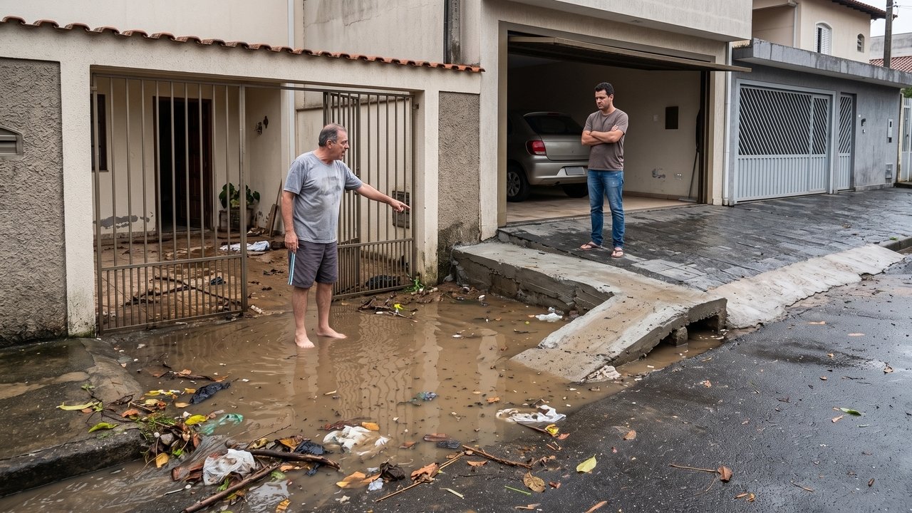 Morador constrói uma rampa para facilitar a entrada do carro na garagem e acaba elevando parte da calçada acima do nível das casas vizinhas; depois das primeiras chuvas, água começa a se acumular diante de outros imóveis da rua
