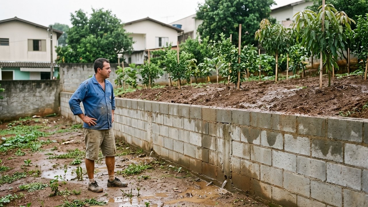 Depois de uma chuva intensa, muro recém-construído inclina para o terreno vizinho e orçamento de reconstrução ultrapassa R$ 45 mil