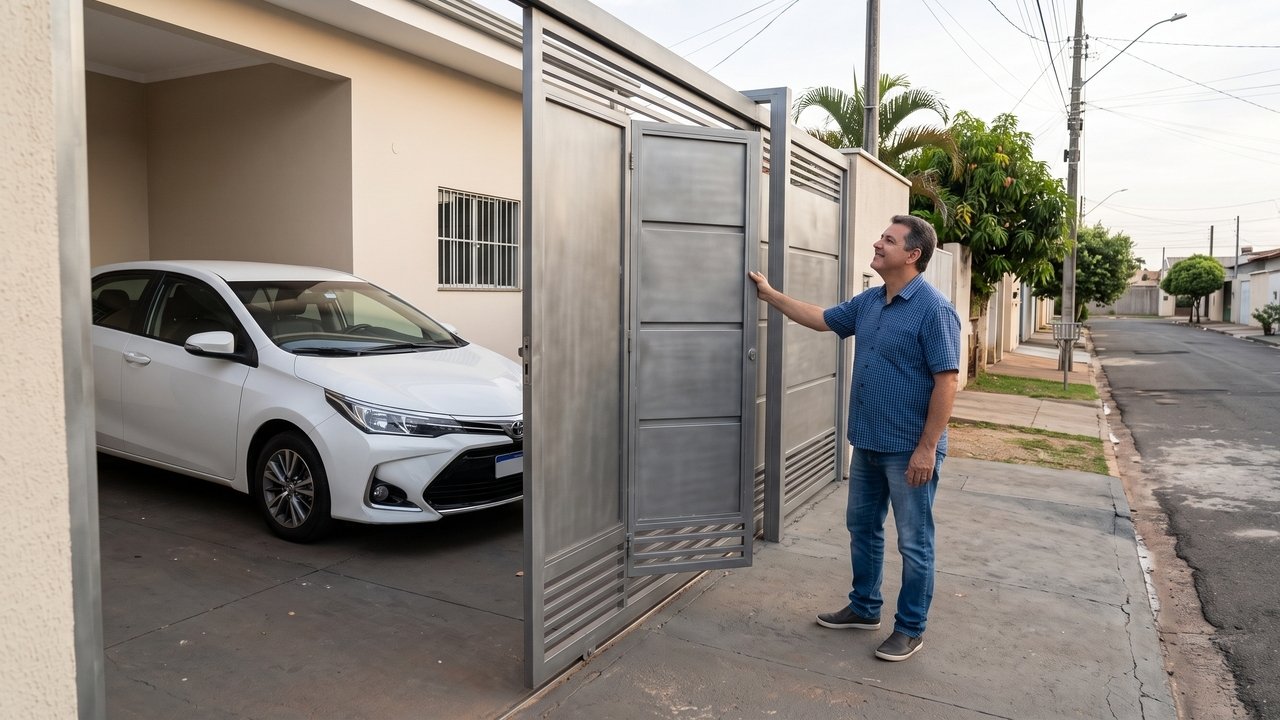 Morador instala portão basculante que avança 80 centímetros sobre a calçada durante a abertura e quase atinge uma ciclista; prefeitura determina adaptação do equipamento e aplica multa por risco à circulação de pedestres