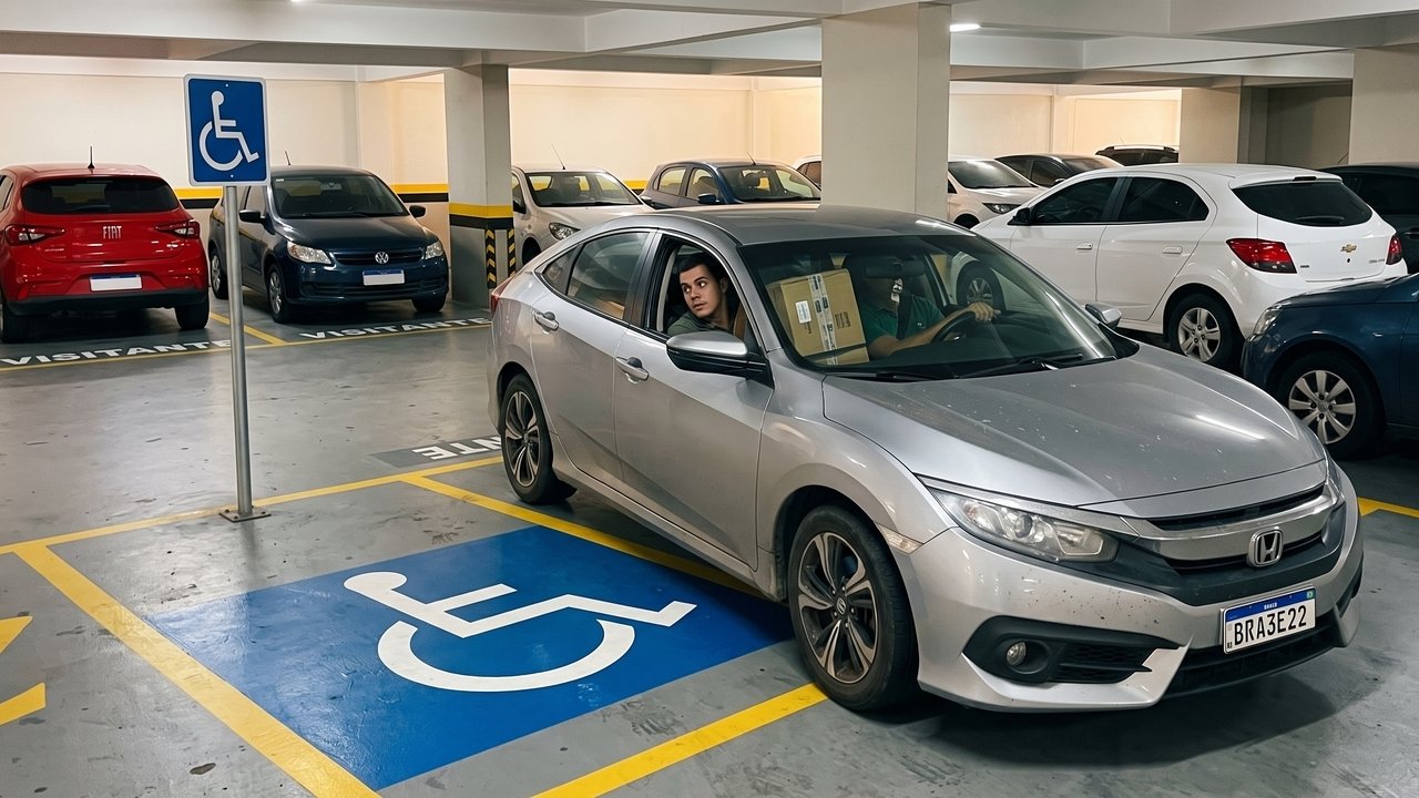 Visitante jovem estaciona o carro em uma vaga destinada a cadeirantes dentro do estacionamento fechado do condomínio. O síndico aciona a fiscalização de trânsito que entra no prédio e guincha o veículo, reforçando que o Código de Trânsito Brasileiro se aplica integralmente em vias internas.