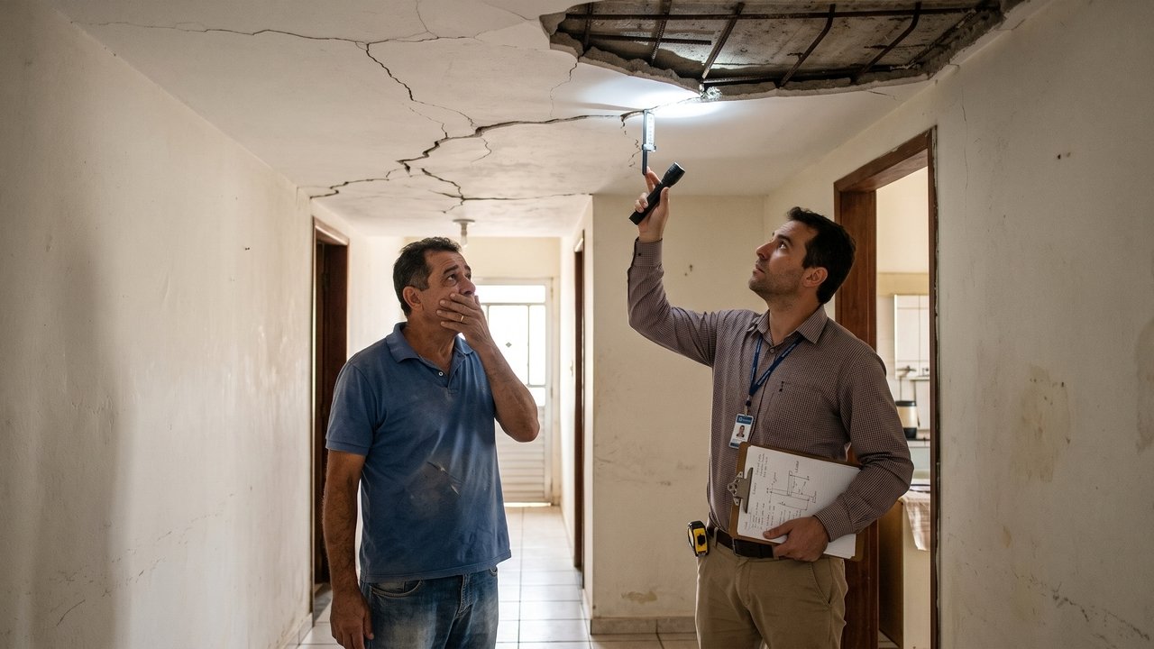 Depois de instalar uma caixa-d’água maior sobre a laje, proprietário percebe novas fissuras no teto e engenheiro aponta que a estrutura original não foi dimensionada para suportar o peso extra