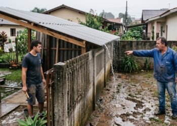 Morador constrói cobertura no quintal e vizinho reclama que a estrutura direciona toda a água da chuva para o terreno dele