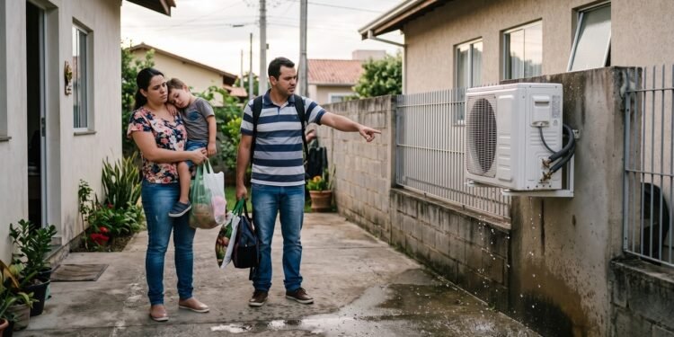 Família volta para casa e encontra equipamento de ar-condicionado do vizinho próximo à divisa, causando barulho e respingos