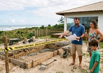 Após comprar casa de praia por R$ 620 mil, família inicia construção de piscina e descobre que parte do quintal está dentro de uma faixa onde novas edificações não são permitidas, mesmo estando dentro dos limites da propriedade