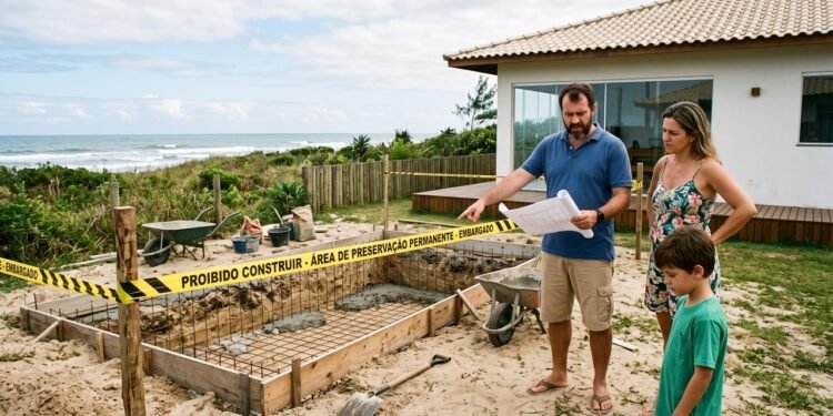 Após comprar casa de praia por R$ 620 mil, família inicia construção de piscina e descobre que parte do quintal está dentro de uma faixa onde novas edificações não são permitidas, mesmo estando dentro dos limites da propriedade