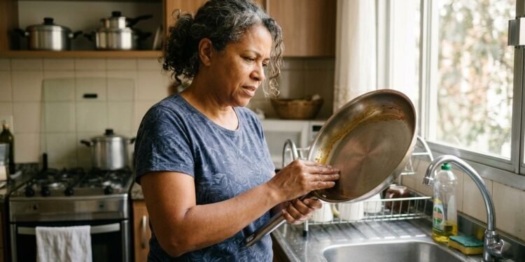 A gordura acumulada pode deixar a superfície da frigideira opaca e escorregadia