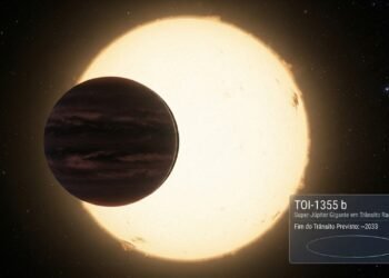 A órbita inclinada de TOI-1355 b faz seu trânsito caminhar para fora da estrela