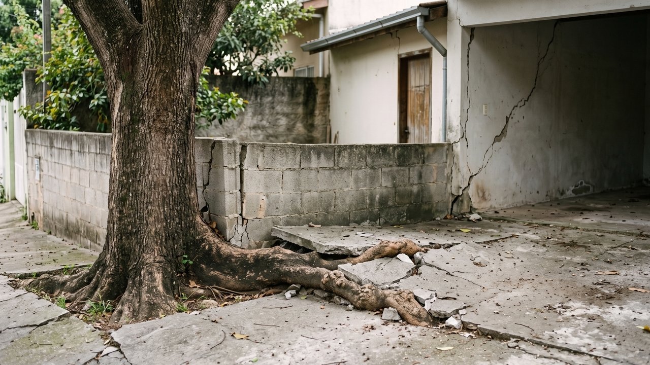 Vizinho planta árvore junto ao muro e, anos depois, raízes levantam o piso da garagem ao lado e provocam rachaduras na estrutura