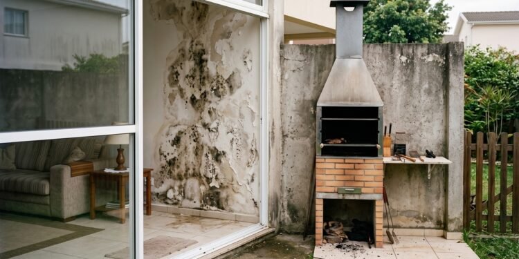 Morador constrói churrasqueira encostada no muro da divisa e, meses depois, vizinho percebe infiltração e manchas de fumaça dentro de casa; reparo pode passar de R$ 25 mil
