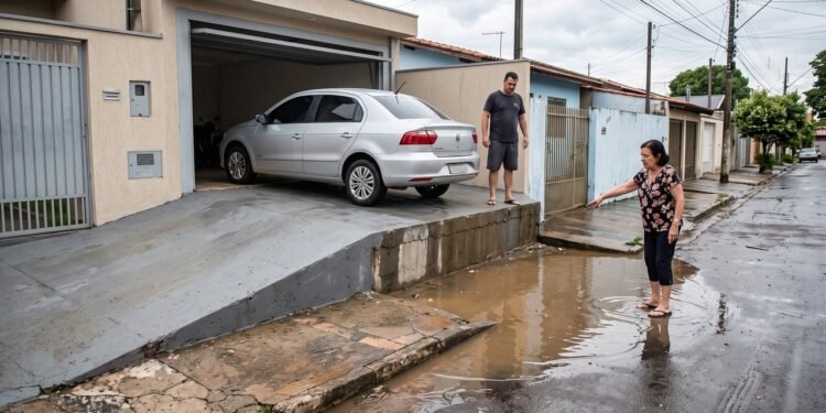Morador constrói uma rampa para facilitar a entrada do carro na garagem e acaba elevando parte da calçada acima do nível das casas vizinhas; depois das primeiras chuvas, água começa a se acumular diante de outros imóveis da rua