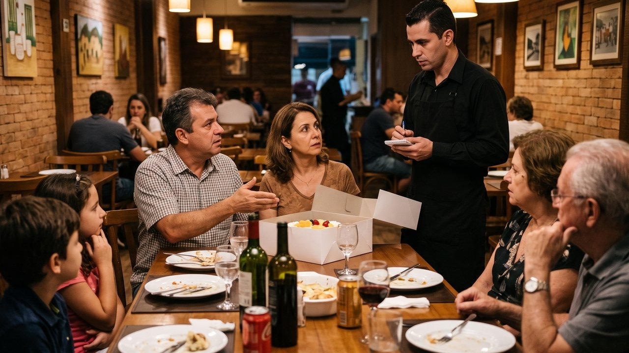 Cliente leva um bolo de aniversário comprado fora para comemorar com a família em um restaurante, mas, na hora de cantar os parabéns, o gerente exige o pagamento de uma "taxa de corte" de R$ 80; o Procon é acionado e multa o estabelecimento por prática abusiva, já que a taxa não tem respaldo legal na prestação do serviço principal.