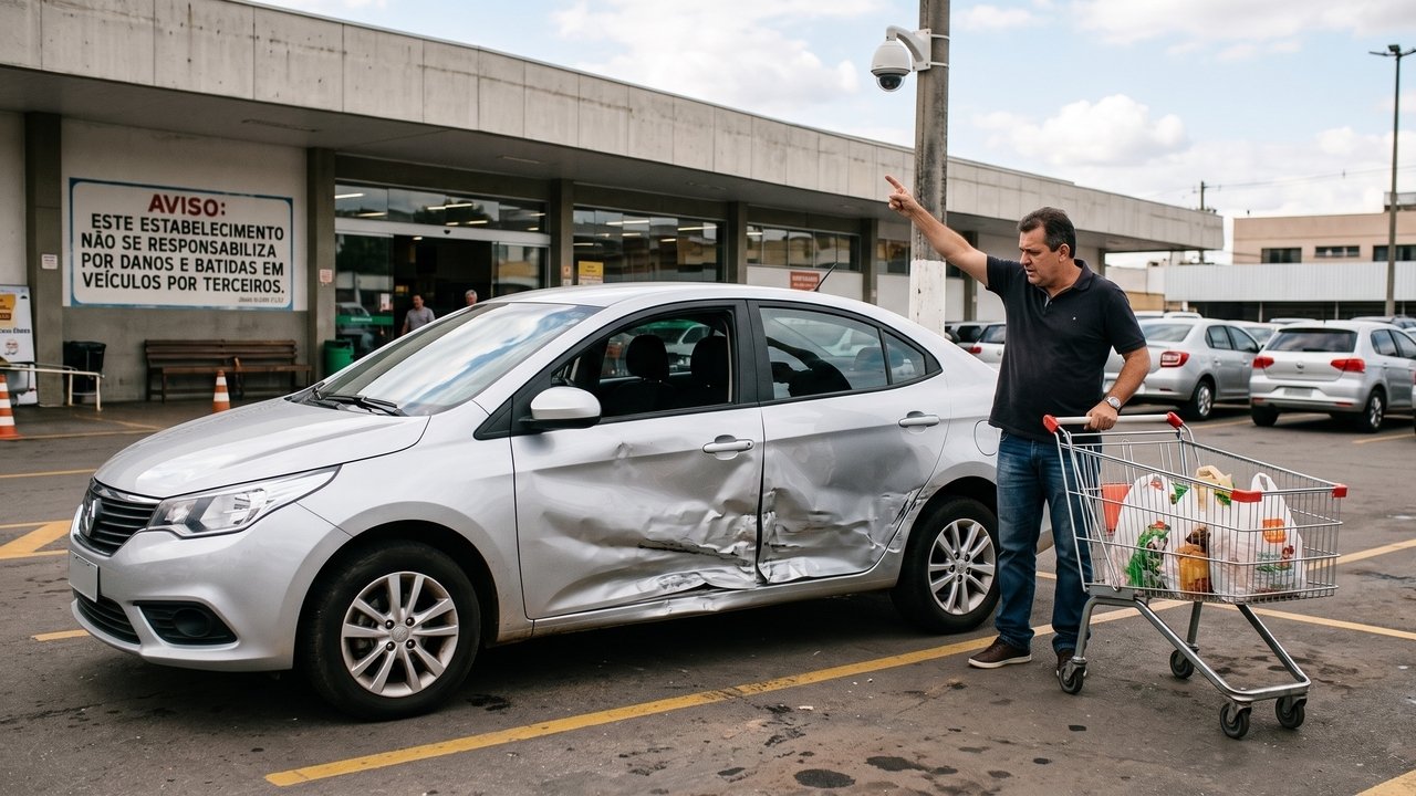 Cliente deixa carro em estacionamento de supermercado por menos de uma hora e encontra a lateral amassada ao retornar; estabelecimento afirma não se responsabilizar por danos, mas imagens das câmeras mostram que o veículo foi atingido dentro da área controlada pela empresa