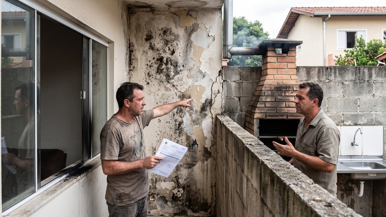 Morador constrói churrasqueira encostada no muro da divisa e, meses depois, vizinho percebe infiltração e manchas de fumaça dentro de casa; reparo pode passar de R$ 25 mil