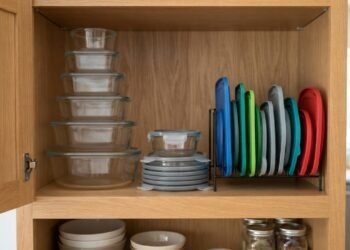 Um espaço fixo para potes e tampas torna a rotina da cozinha mais rápida e prática