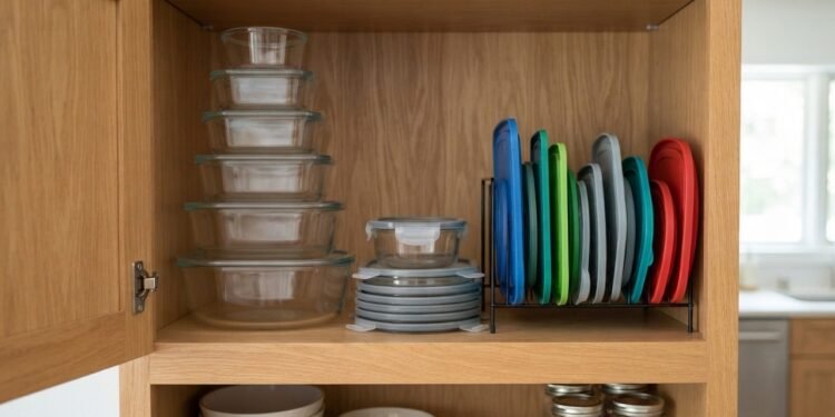 Um espaço fixo para potes e tampas torna a rotina da cozinha mais rápida e prática